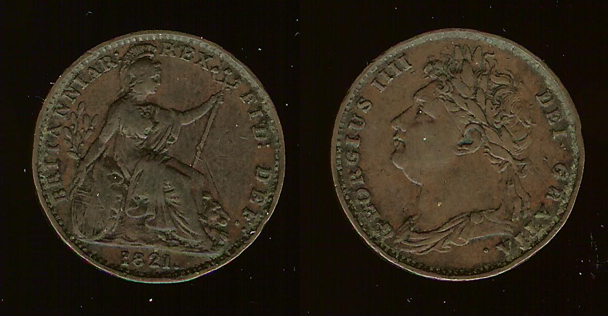 ROYAUME-UNI 1 Farthing Georges IV tête laurée 1821 TTB